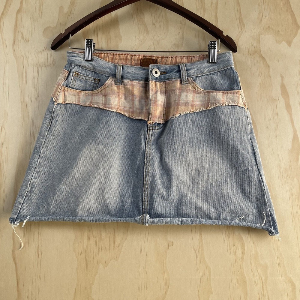 Pol Denim Mini Skirt Womens Large Blue Plaid Waist A-Line Raw Hem Pockets